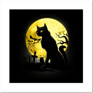 Full moon and black cat dark atmosphere in a scary cemetery Posters and Art